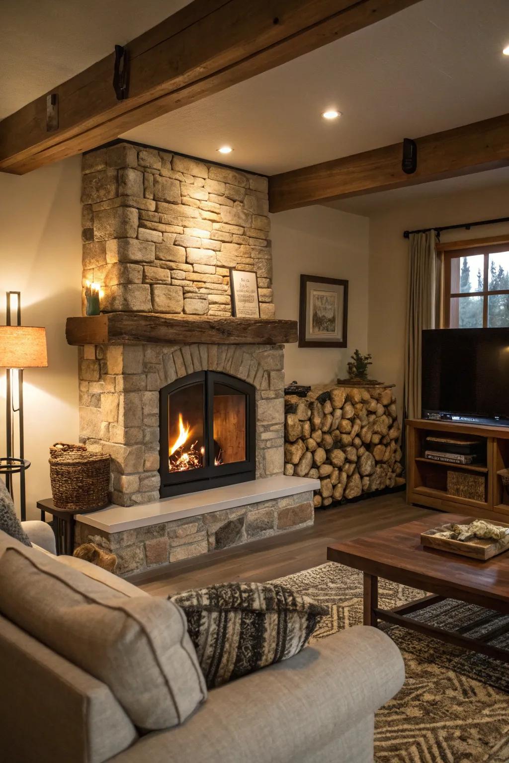 Built-in firewood storage adding practicality and rustic charm to the fireplace.