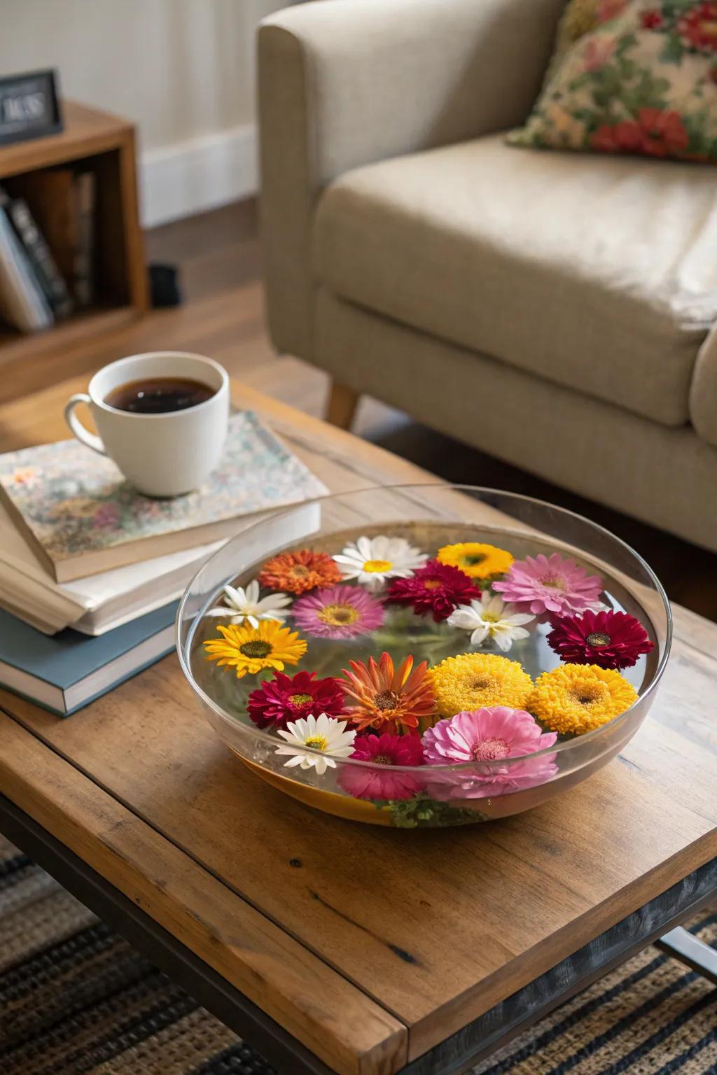 Enchanting floating floral arrangement for a coffee table.