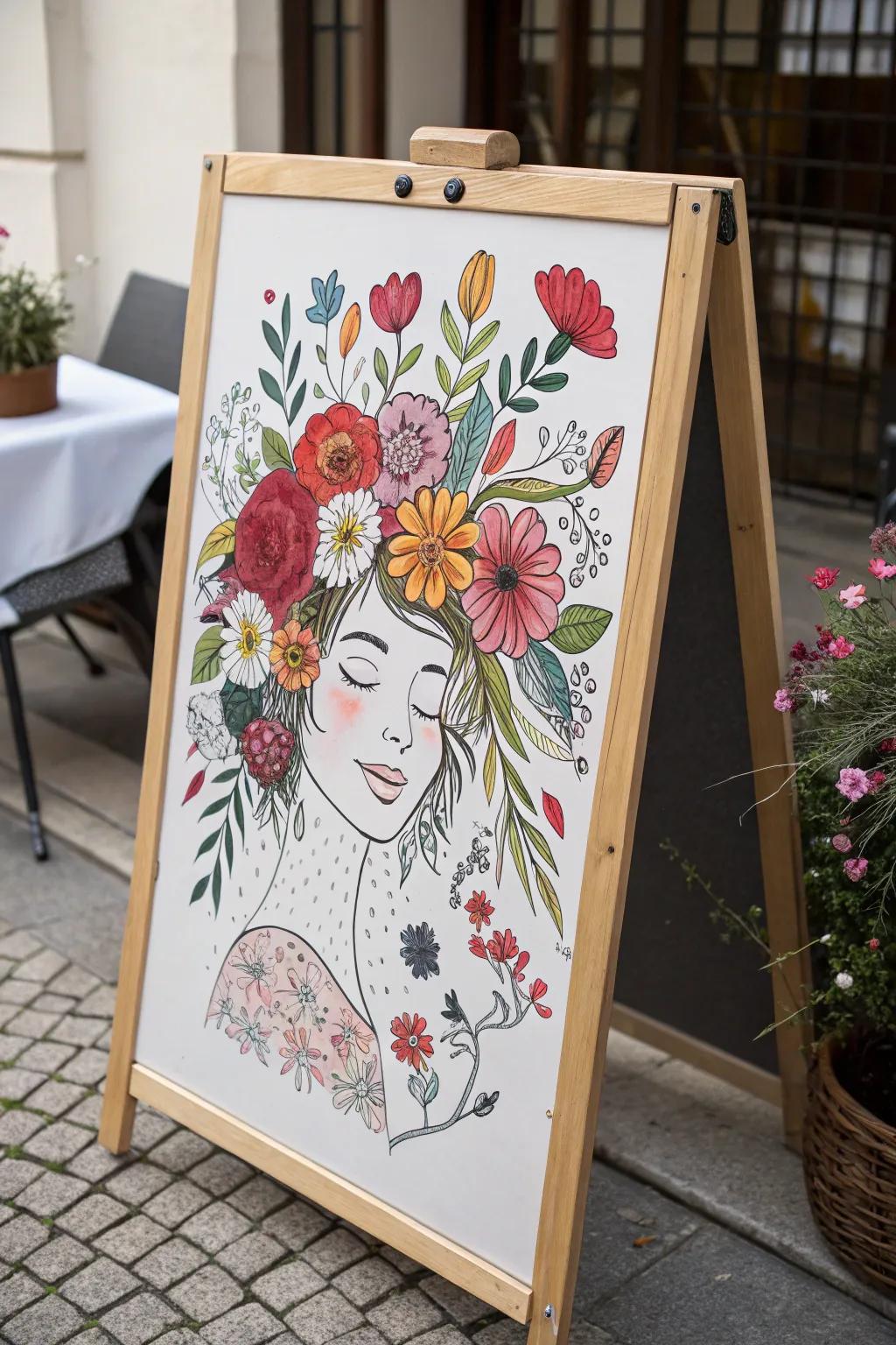 A whimsical floral face drawing, blending portraiture with nature.