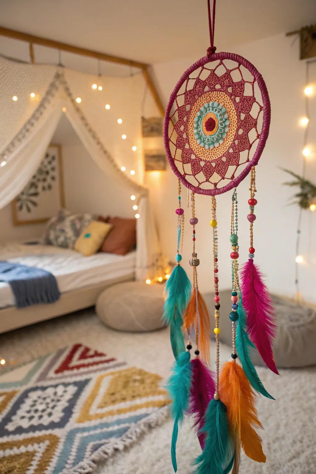 A bohemian dreamcatcher adding whimsy to a peaceful space.