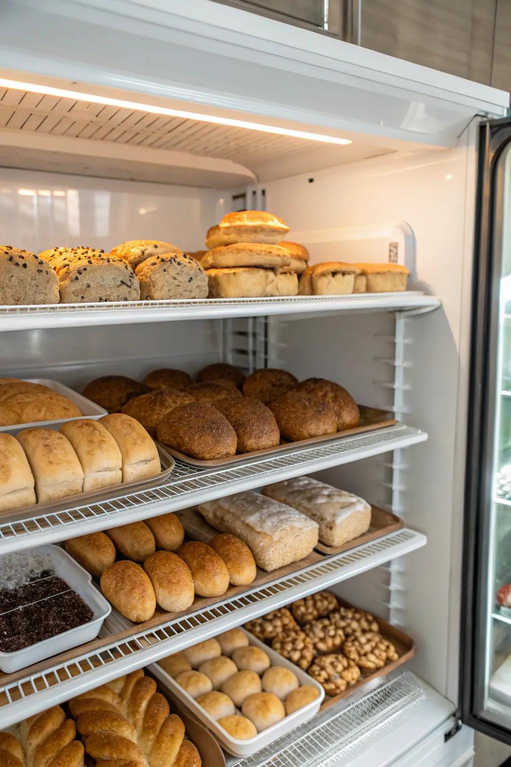 Keeping bread on the top shelf prevents squishing and makes access easy.