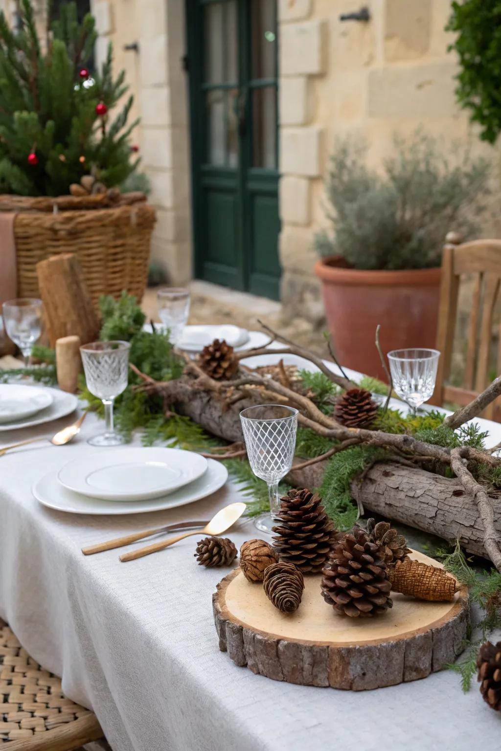 Natural elements add a rustic and cozy touch to this French-inspired table.