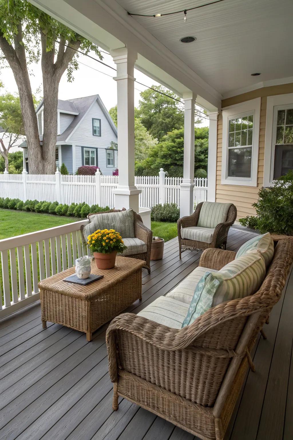 Furniture arrangement creates functional zones on the porch.