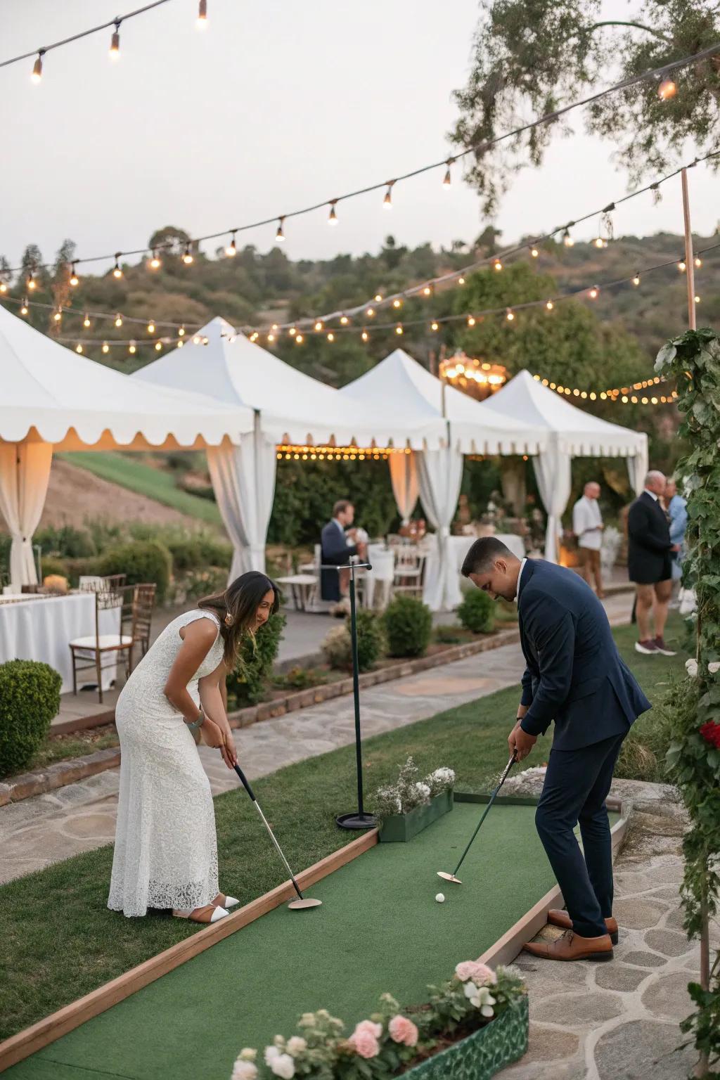 A mini golf course brings fun and competition to the wedding.