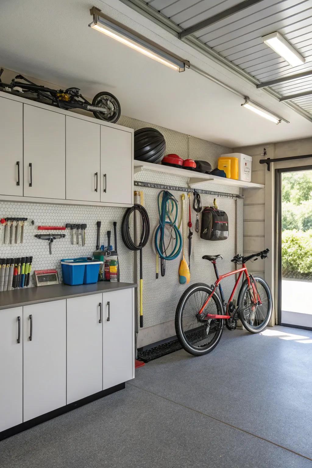 Wall hooks and cabinets complement each other for optimal storage.