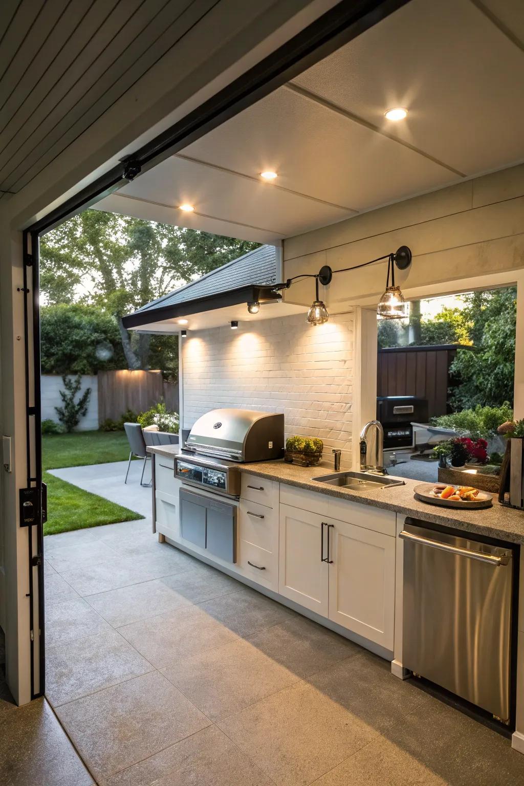 An outdoor kitchen perfect for al fresco dining, created from a garage conversion.