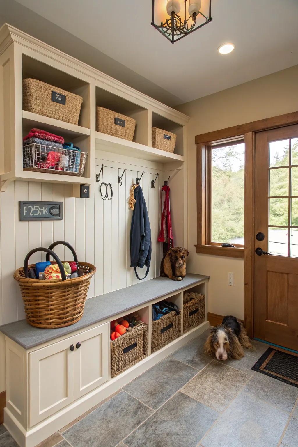 A pet station keeps leashes, treats, and toys organized in a garage mudroom.