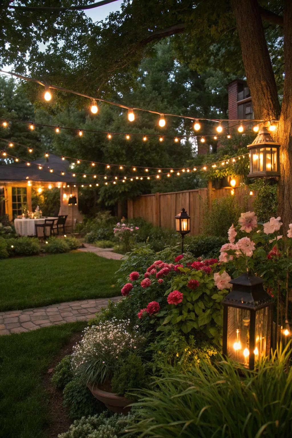 Layered lighting brings depth and warmth to garden spaces.