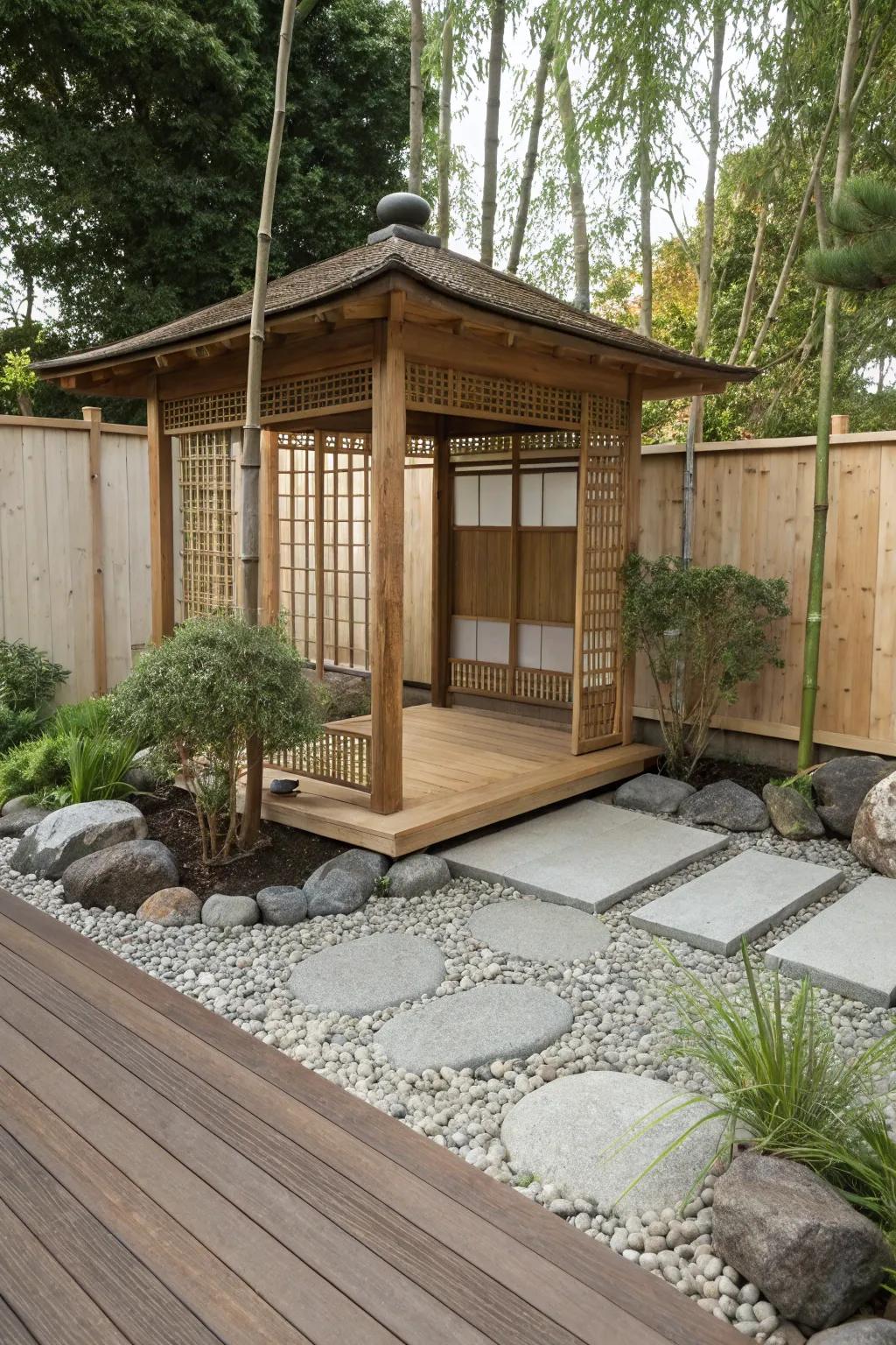 Achieve tranquility with a Japanese Zen garden gazebo.