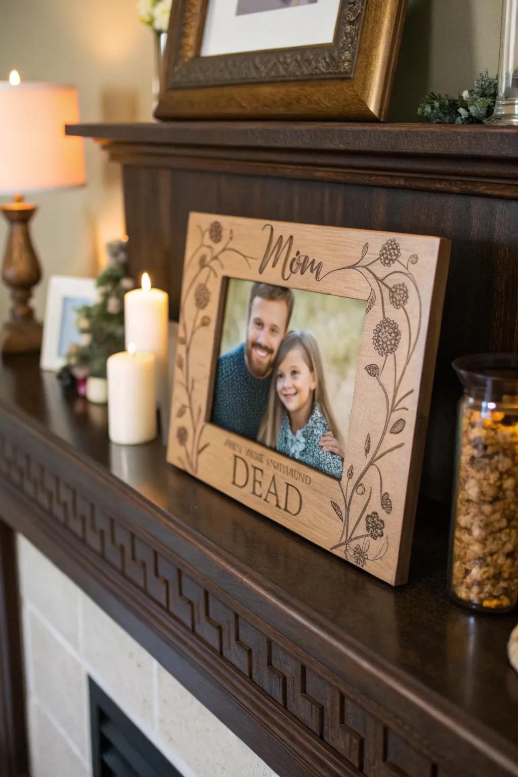 A personalized photo frame displays cherished memories.