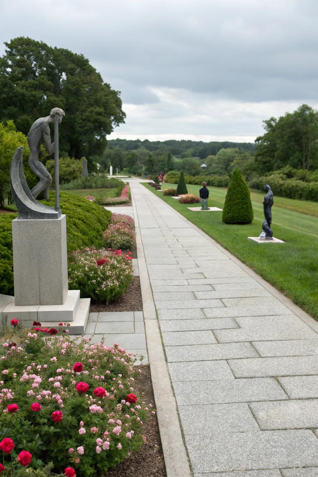 Granite pathway adorned with modern art.