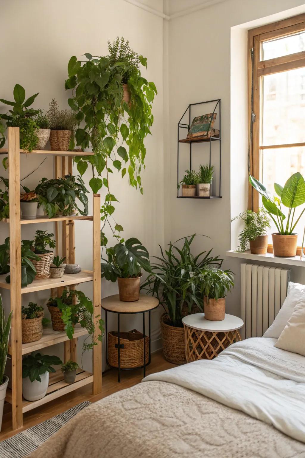 Green and tan plants enhance the room's color scheme and bring life indoors.