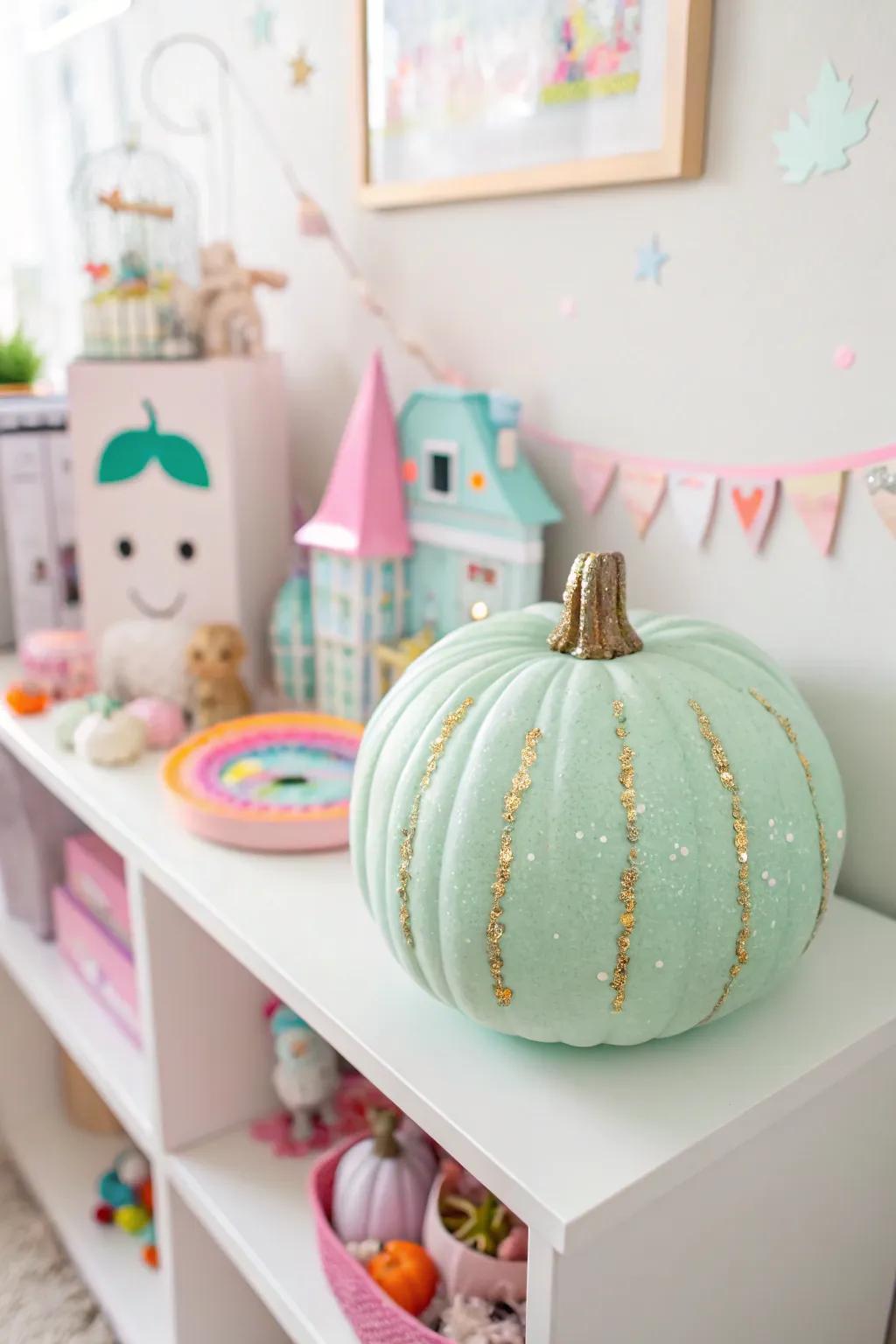 Enchanted pastel green pumpkin with glitter adding whimsy to a child's room.