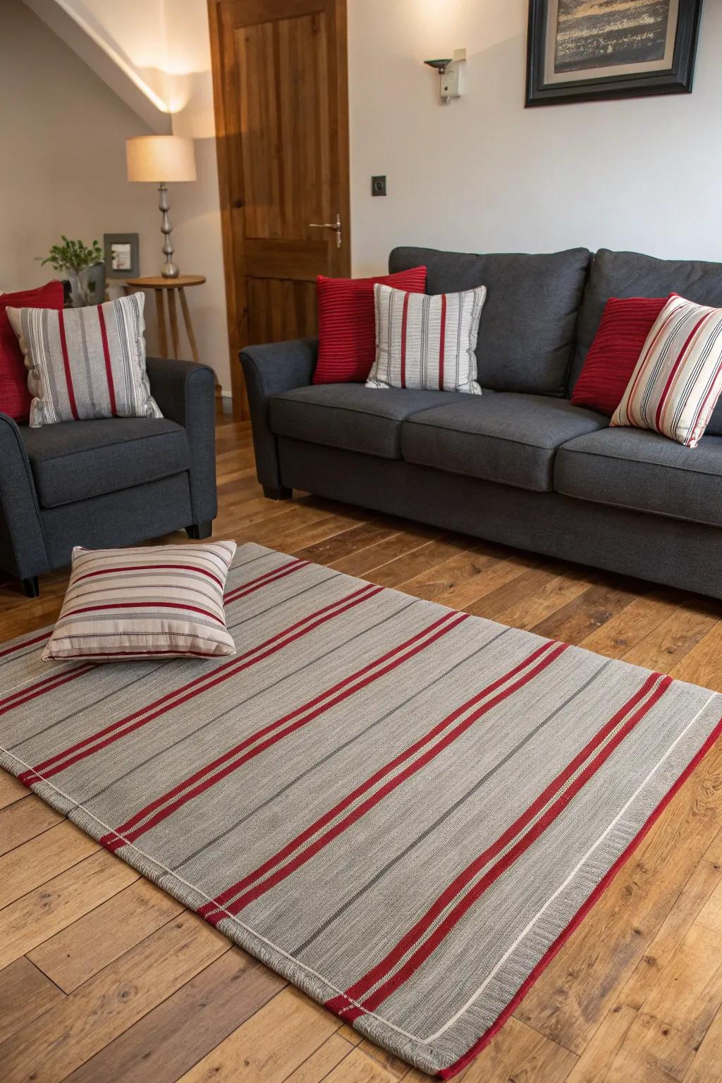 Grey and red stripes add a modern, playful touch to this living room.