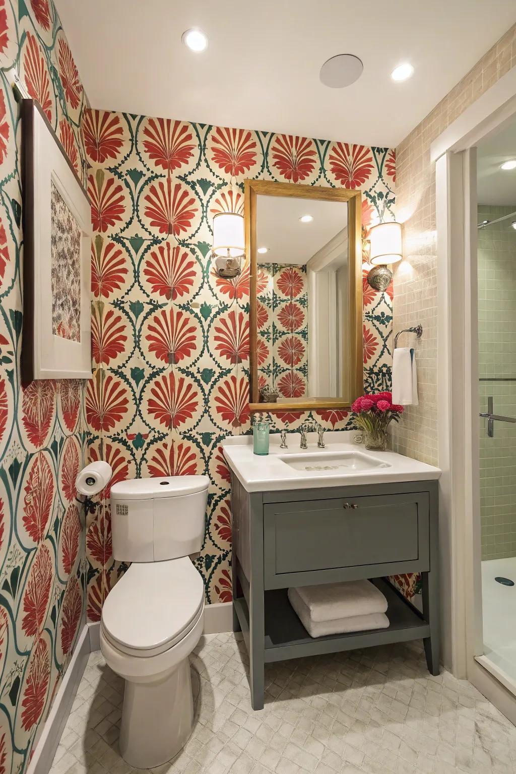 Bold wallpaper adds personality and style to this guest bathroom.