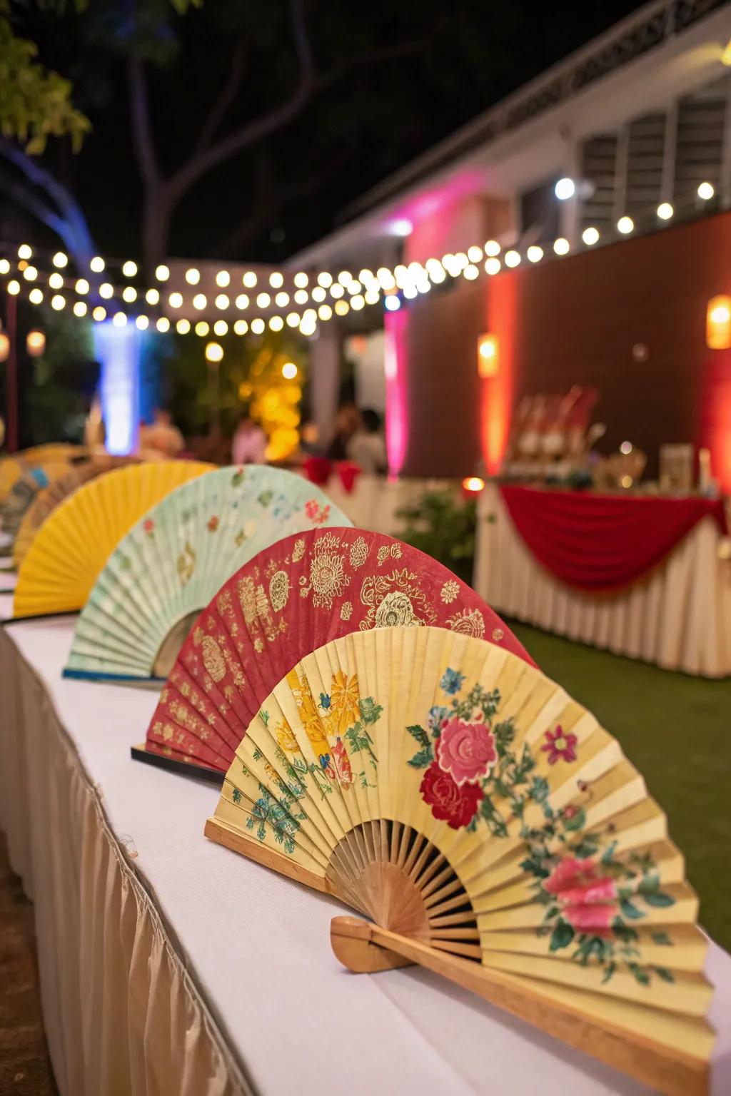 Traditional hand fans adding elegance and functionality to the decor.