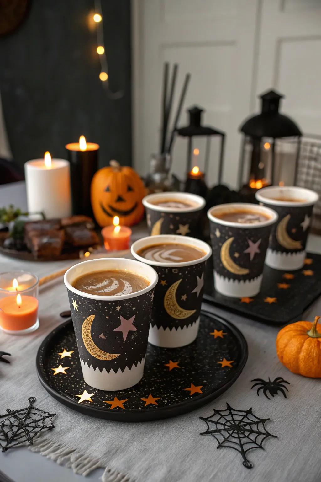 Midnight mocha cups enchanting with their celestial charm.