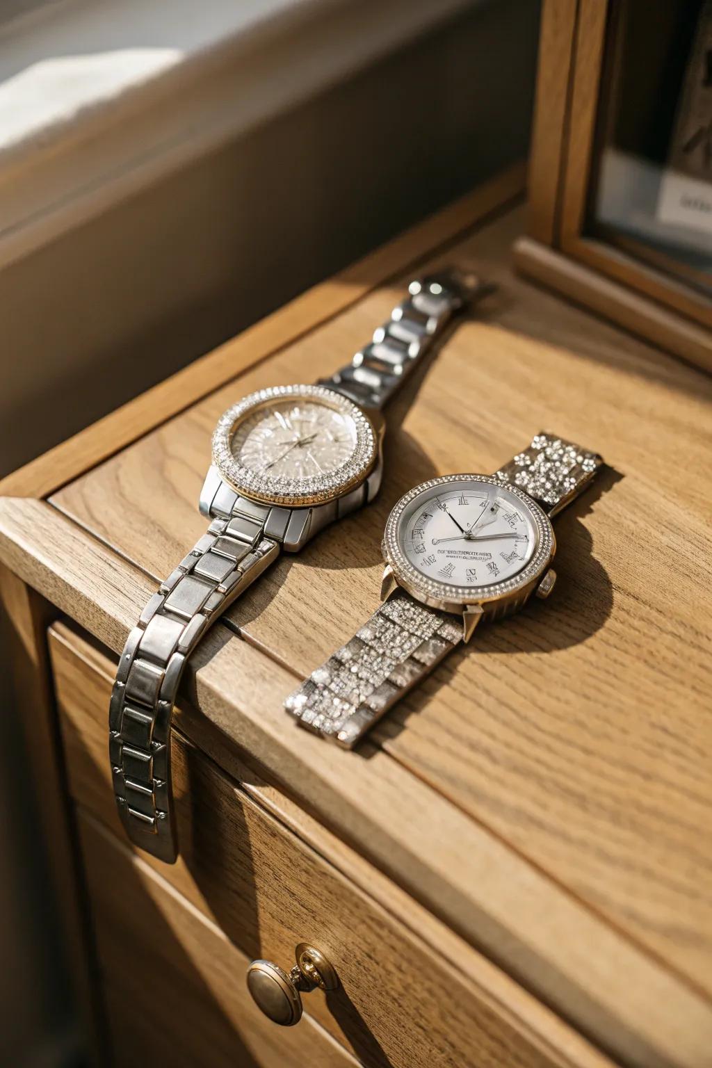 Stylish matching watches symbolizing timeless love.