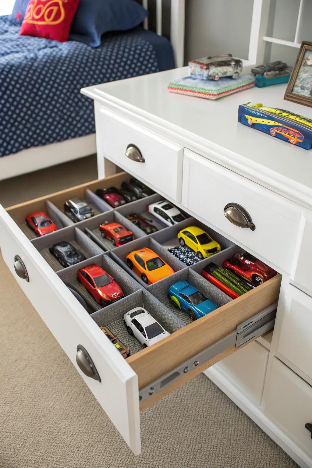 Drawer dividers offer seamless Hot Wheels storage.