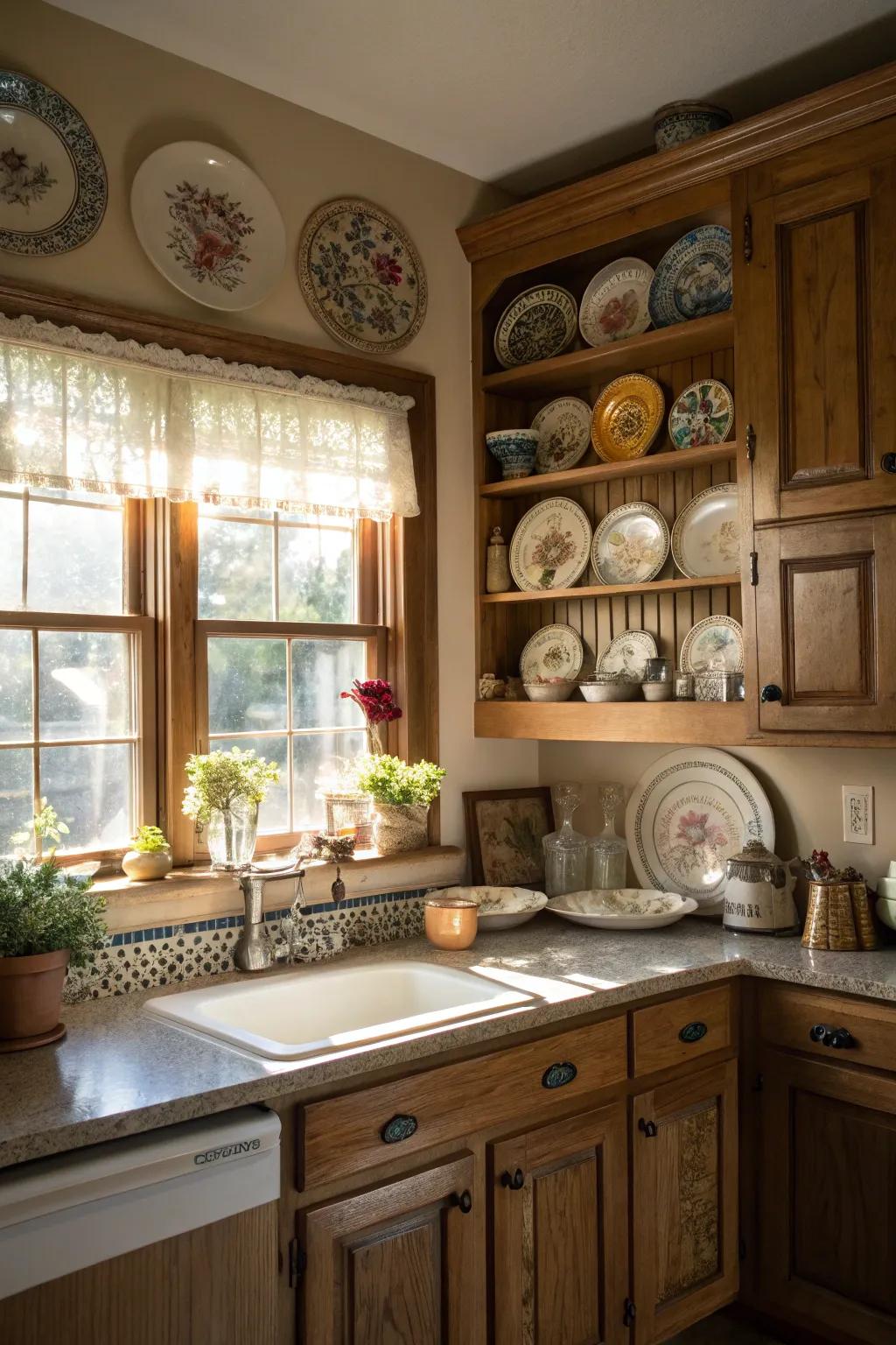 Heirloom dishes add elegance and history above kitchen cabinets.