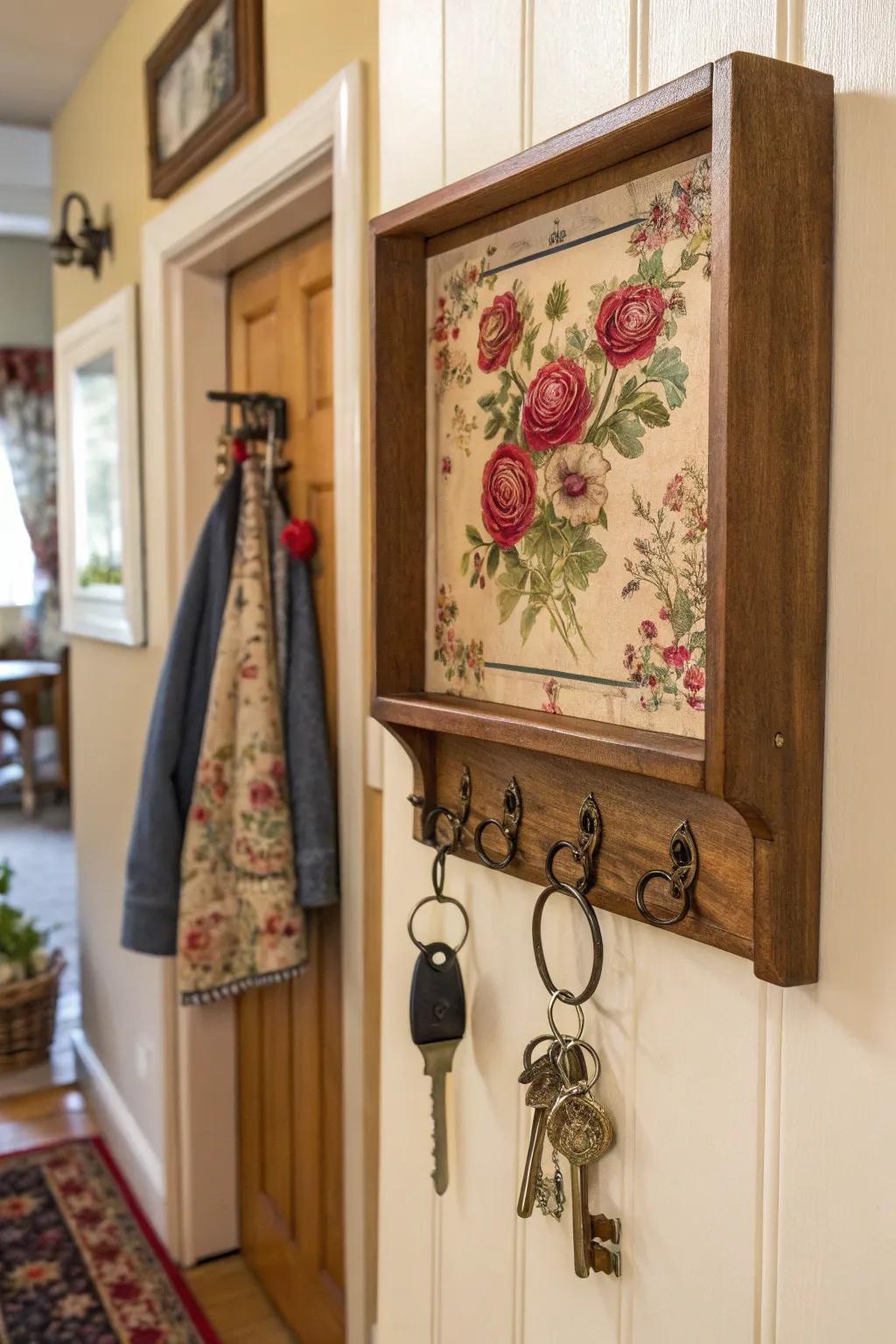 Add charm to your entrance with a rustic decoupaged key holder.