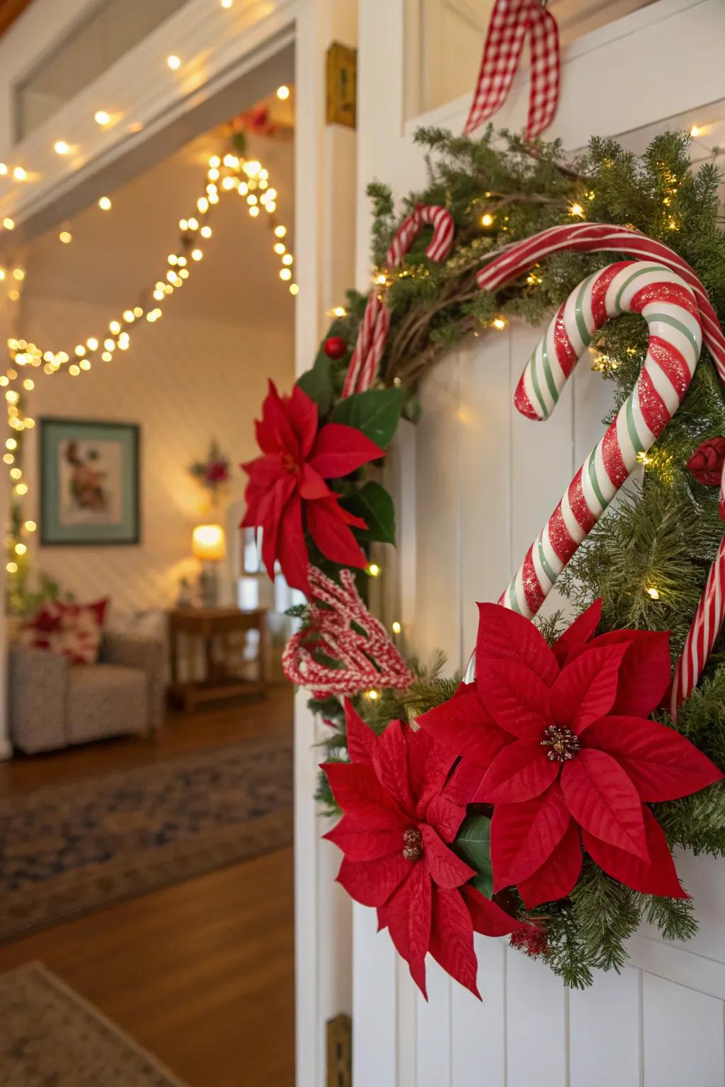 A cheerful poinsettia and candy cane wreath with festive charm.