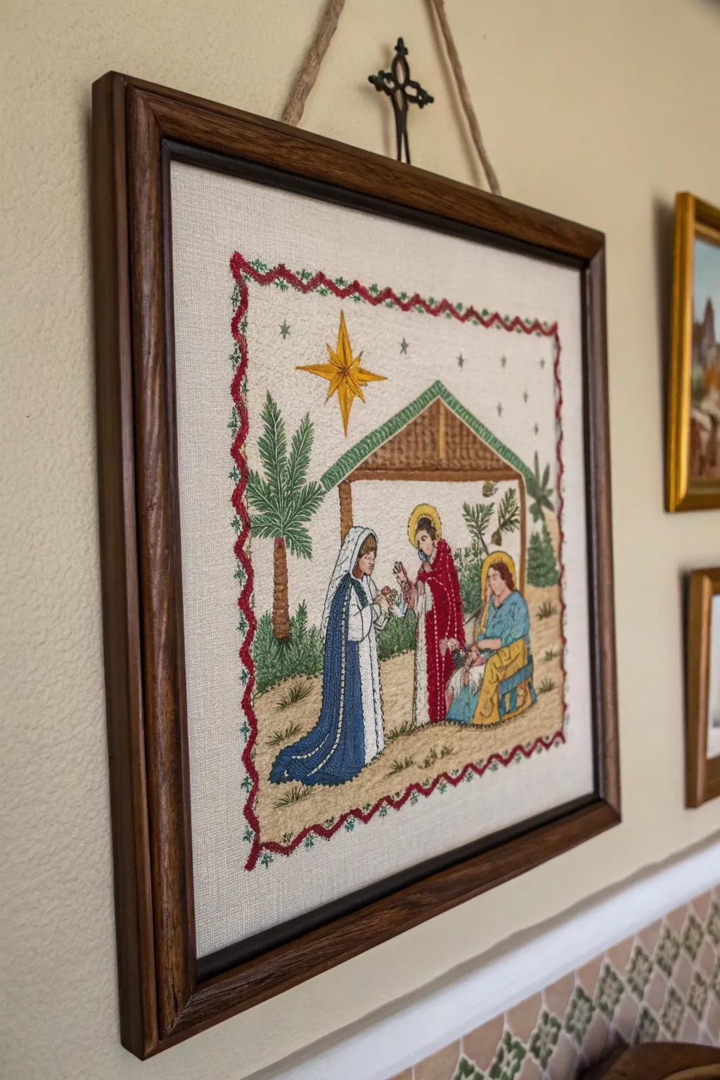 Intricate embroidery creates a beautiful and heirloom-worthy nativity scene.