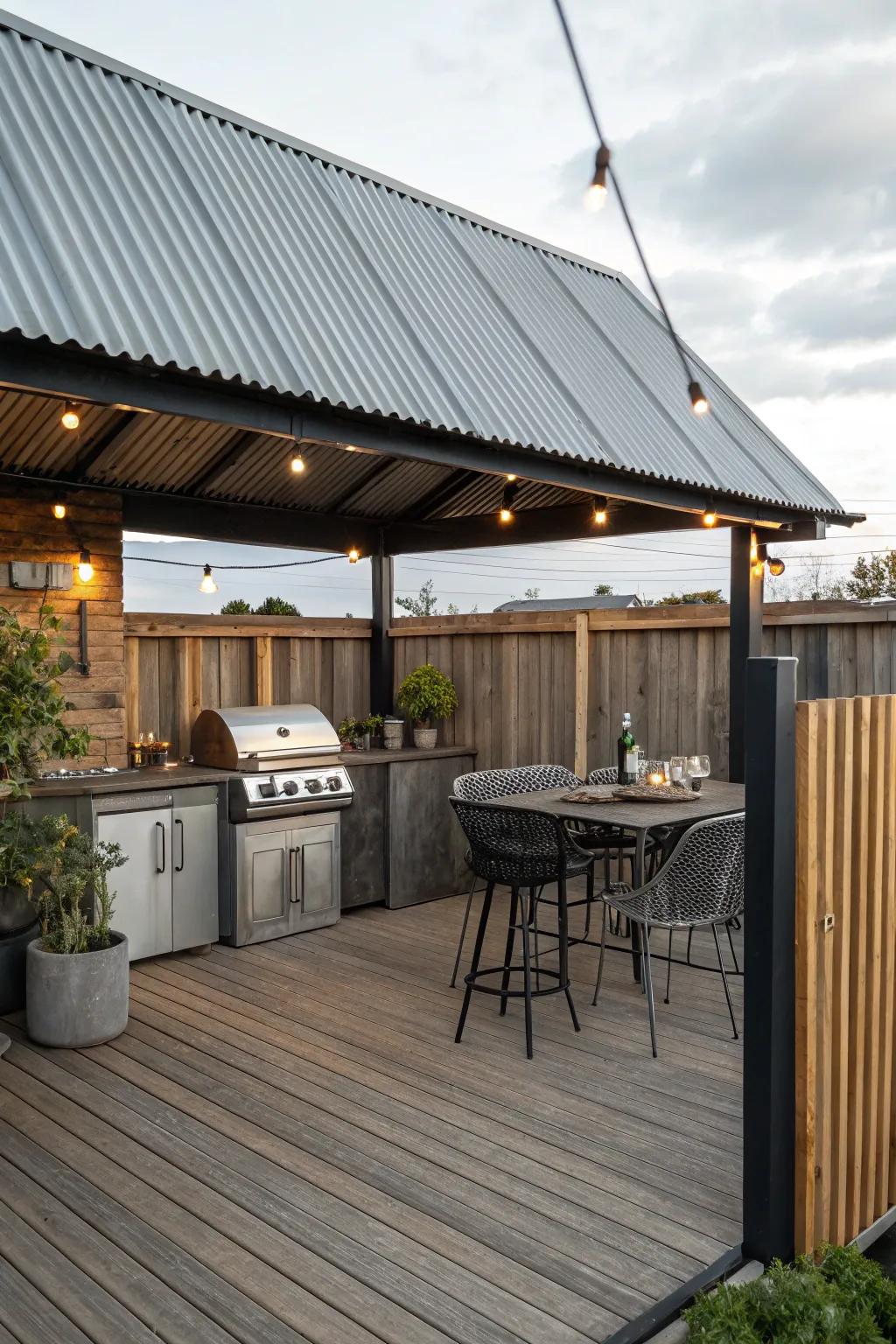 A corrugated metal roof provides industrial style and sturdy protection.