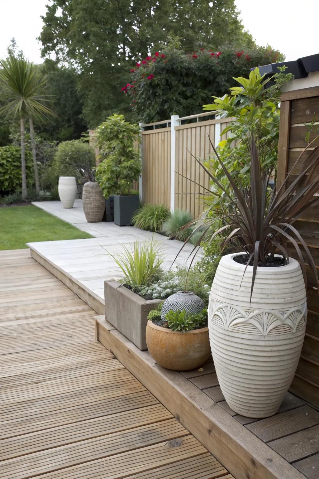 Sculptural planters add an artistic flair to the deck’s aesthetic.