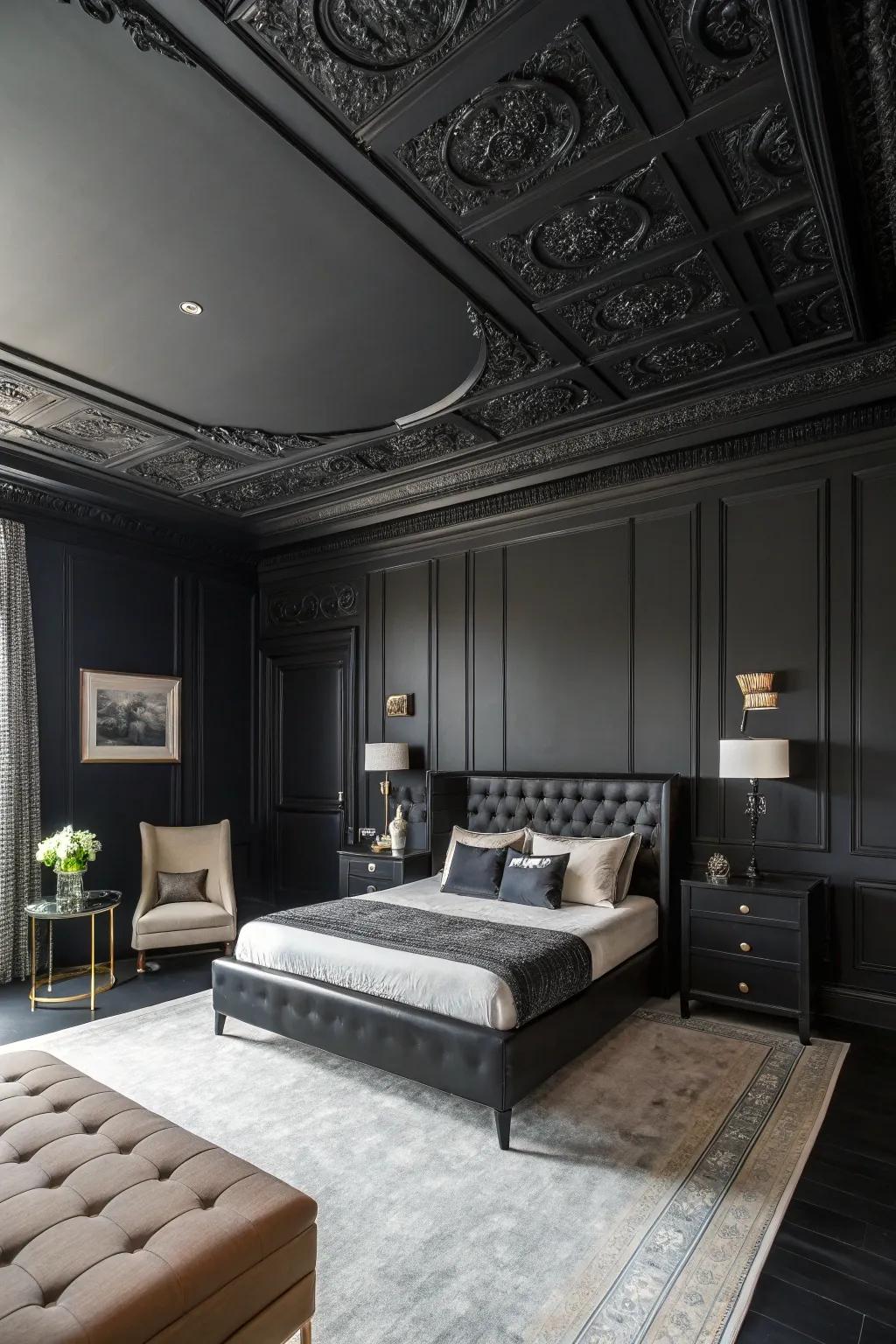 Black in unexpected places adds surprise and sophistication to this bedroom.