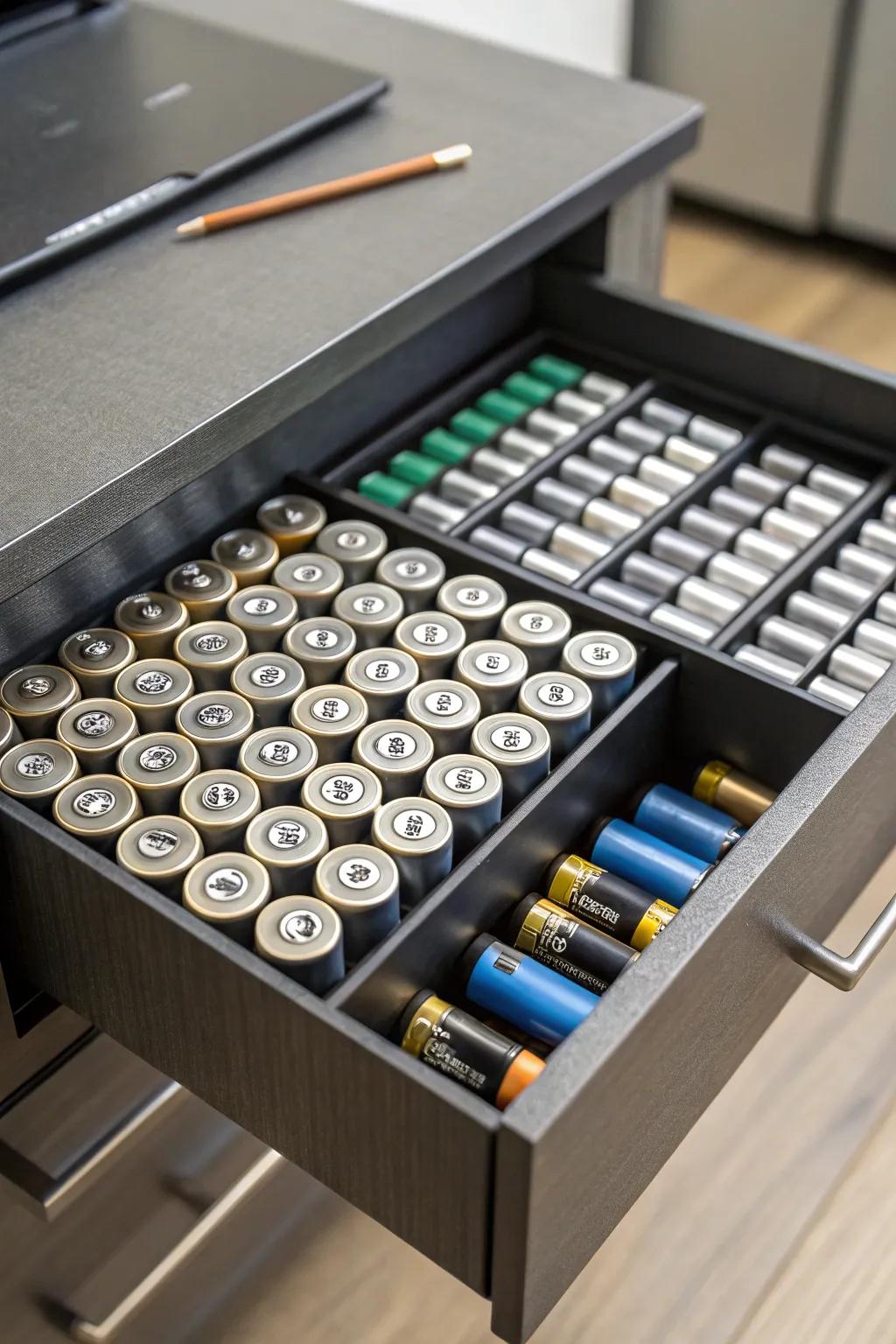 Drawer dividers help keep batteries organized and clutter-free.