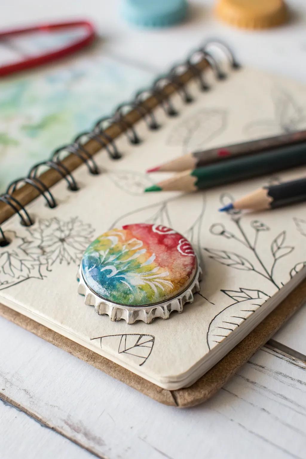 Watercolor-effect bottle cap pins for a dreamy and artistic touch.