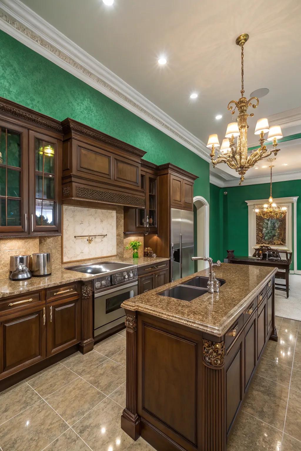 Emerald green walls add a luxurious touch to kitchens with brown granite.