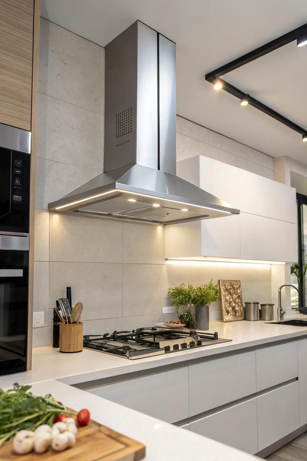 A sleek kitchen with a futuristic range hood design.