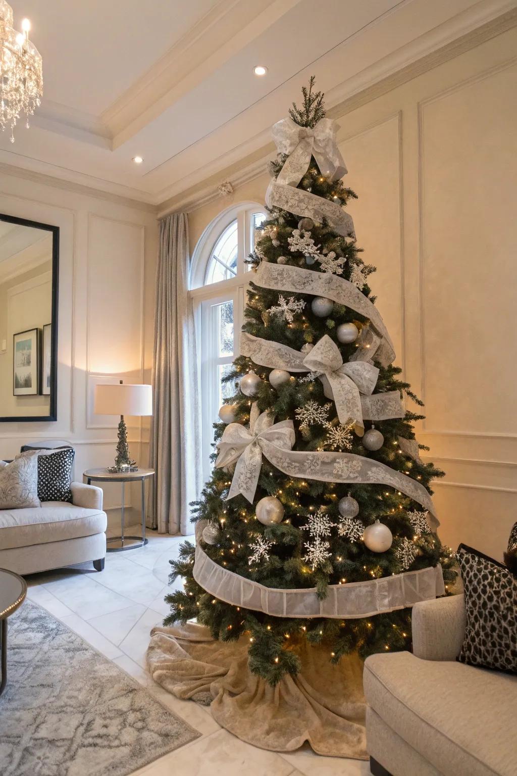 An elegant Christmas tree adorned with monochrome ribbons, creating a cohesive and polished appearance.