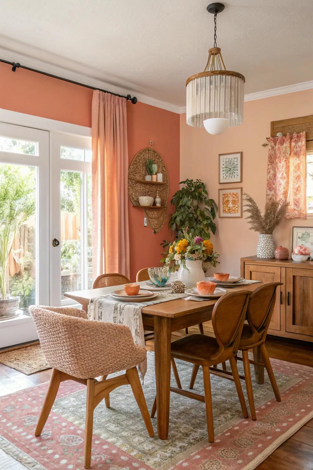 A cheerful dining room with rust and peach accents.