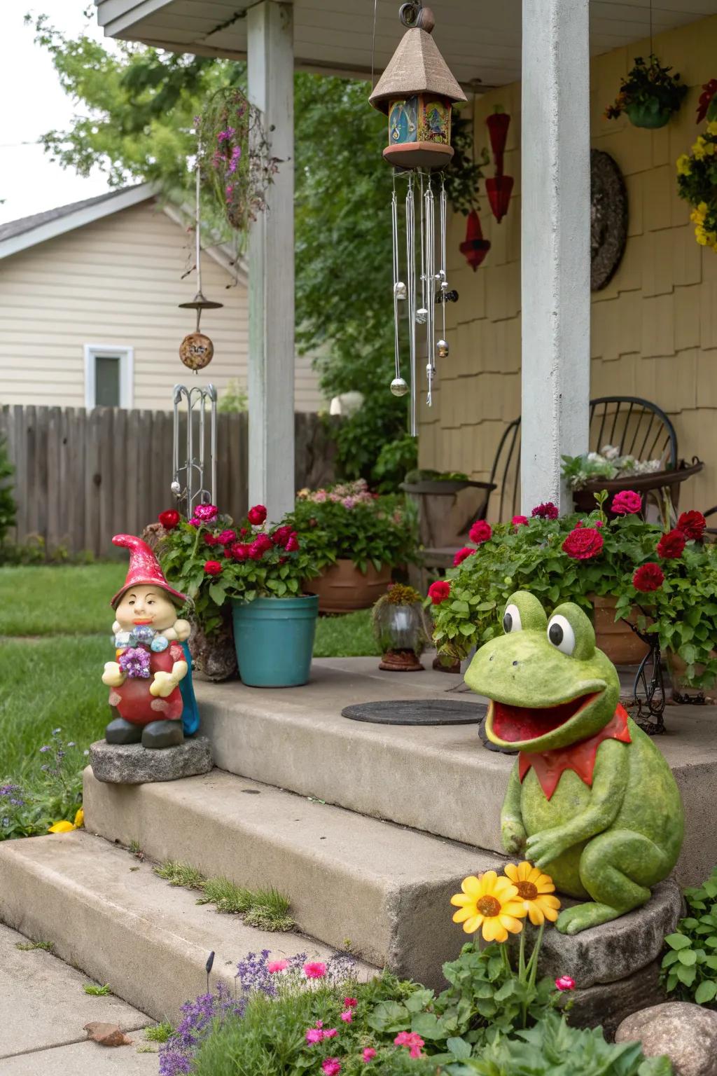 Garden statues add whimsy and charm to a porch.