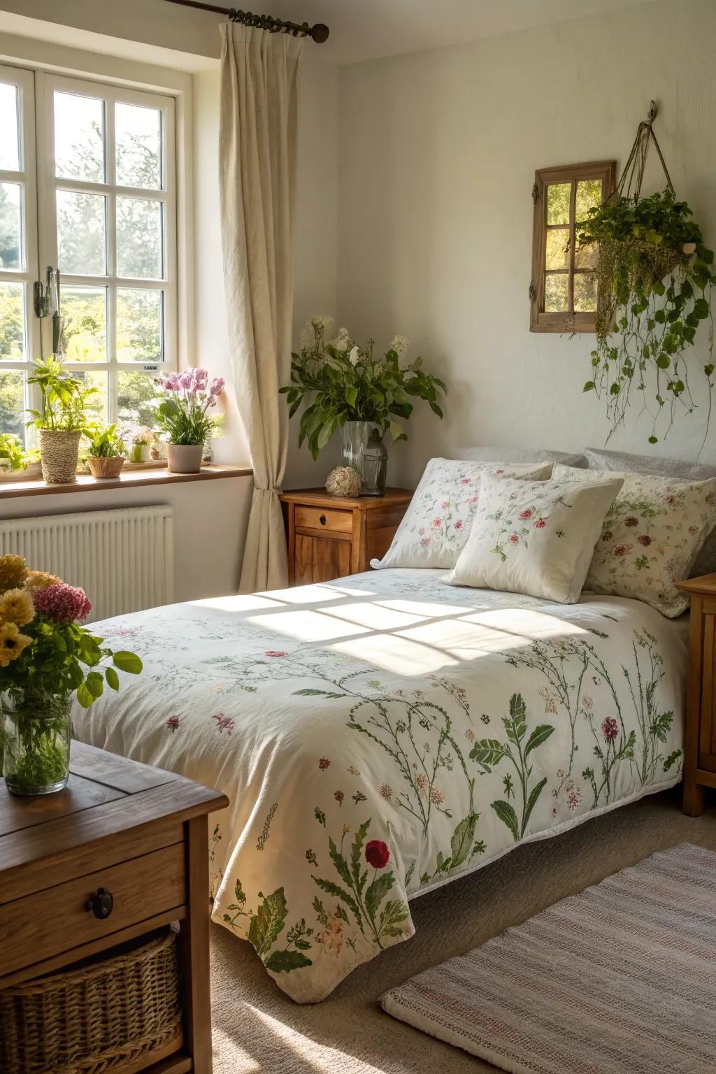 A garden-themed bedspread offers a refreshing and tranquil atmosphere.