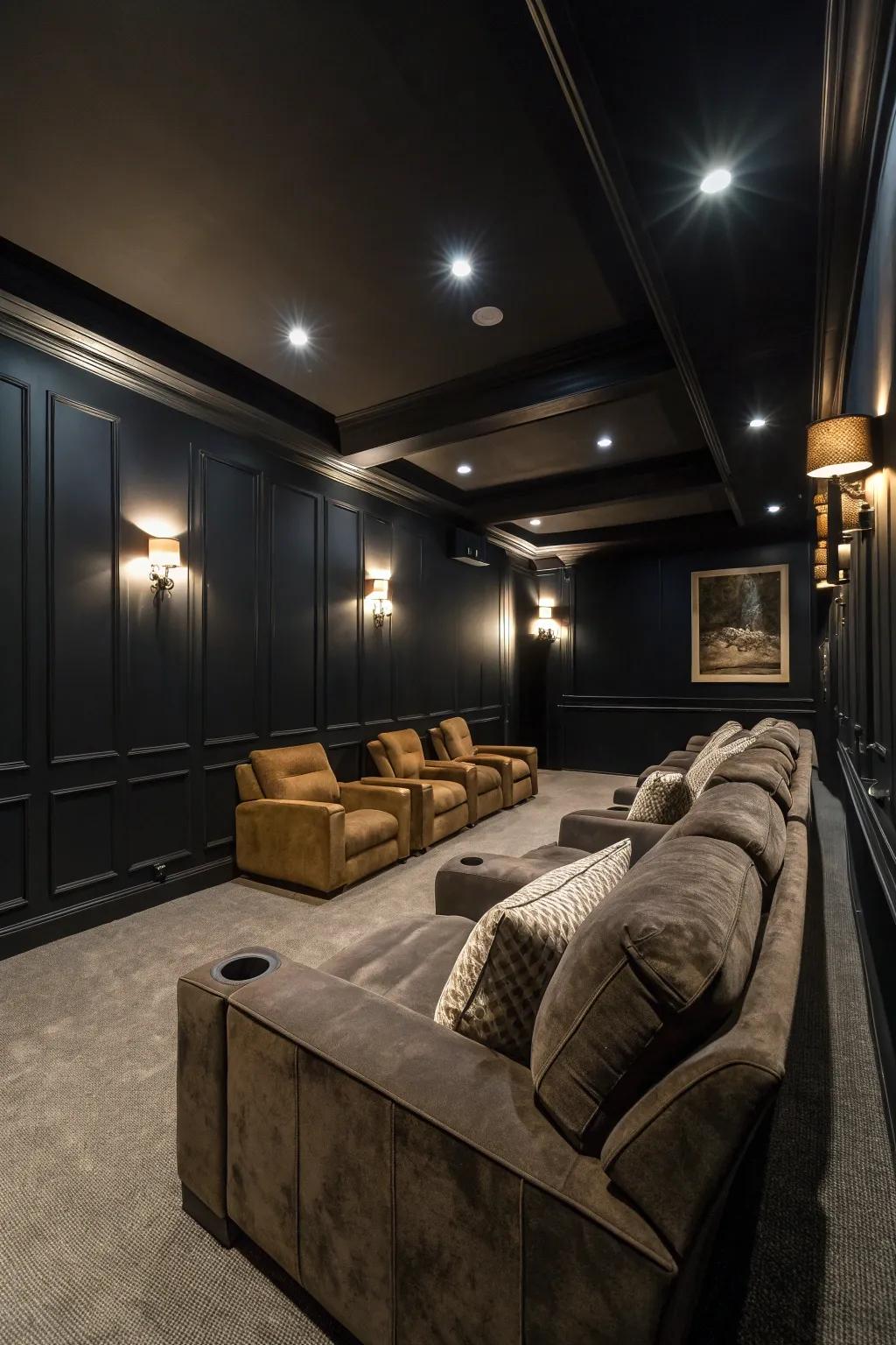 Black walls create a dramatic, intimate atmosphere.