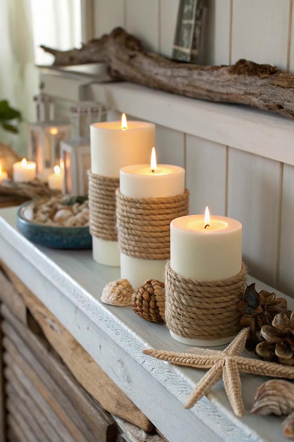 Classic nautical rope adding a sea-inspired touch to candles.