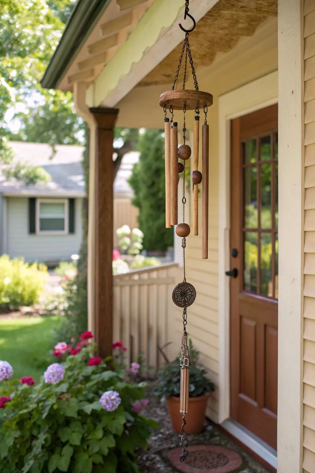 A melodic wind chime decorated with wooden beads.