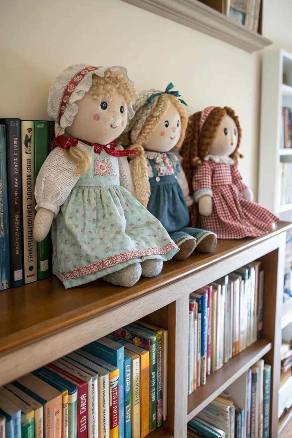 Bookshelf tops providing a prominent display for larger dolls.