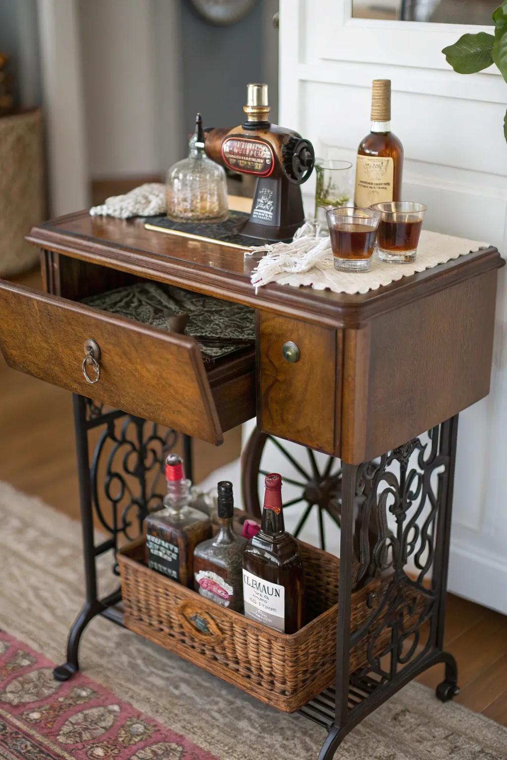 An old sewing table finds new life as a unique liquor cabinet.