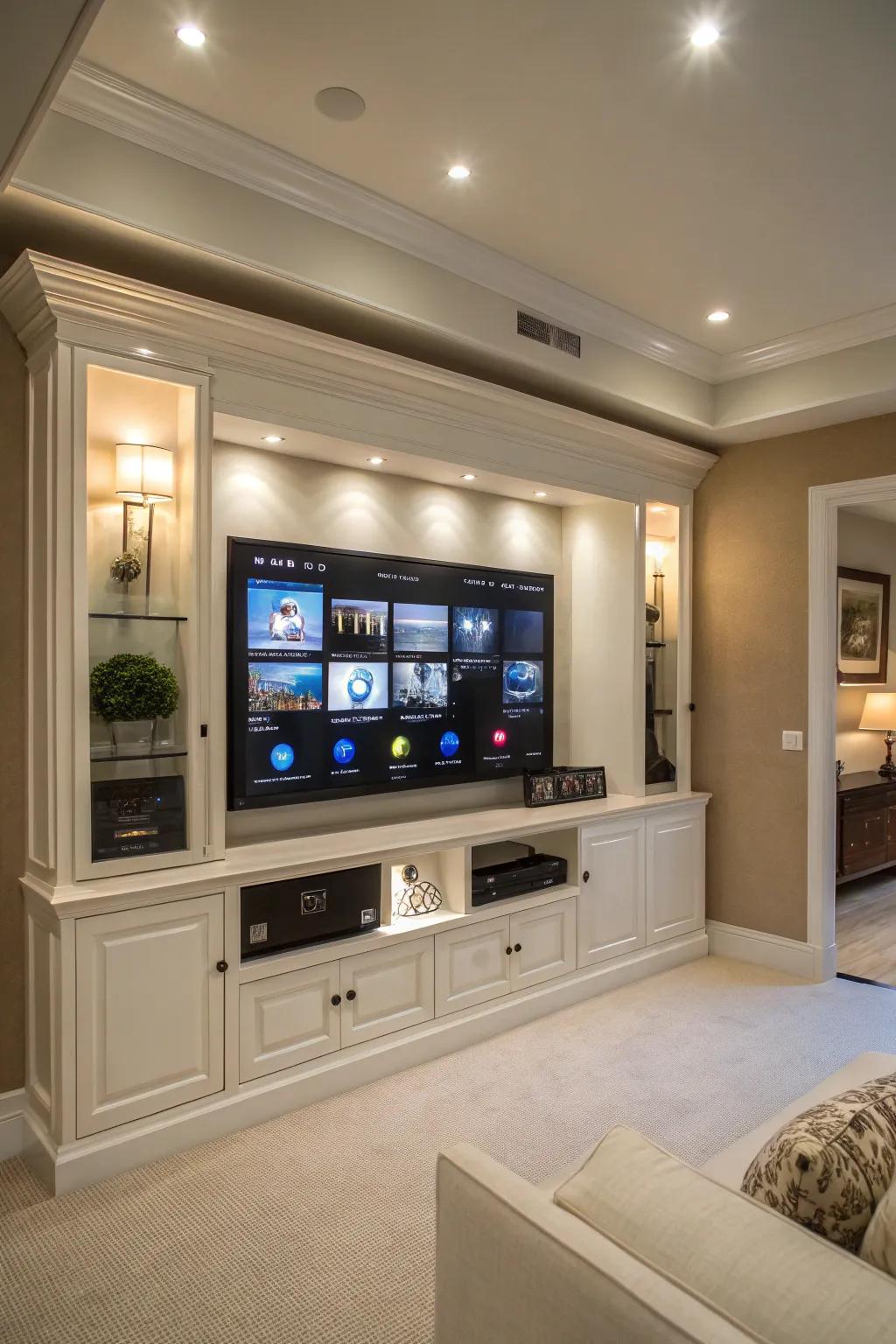 Smart home technology adds cutting-edge functionality to this entertainment center.