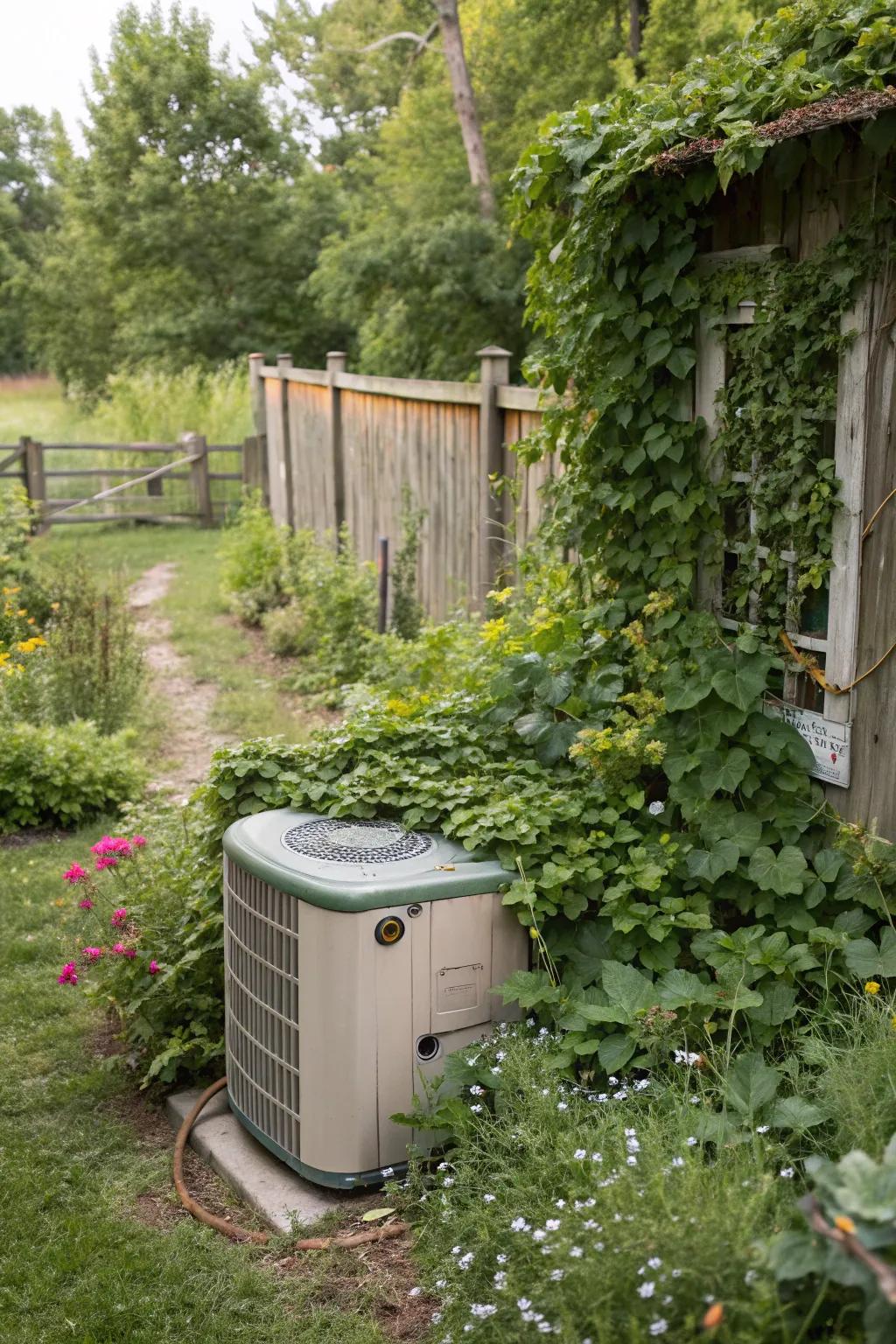 Natural foliage provides an organic cover for the generator in a rustic setting.