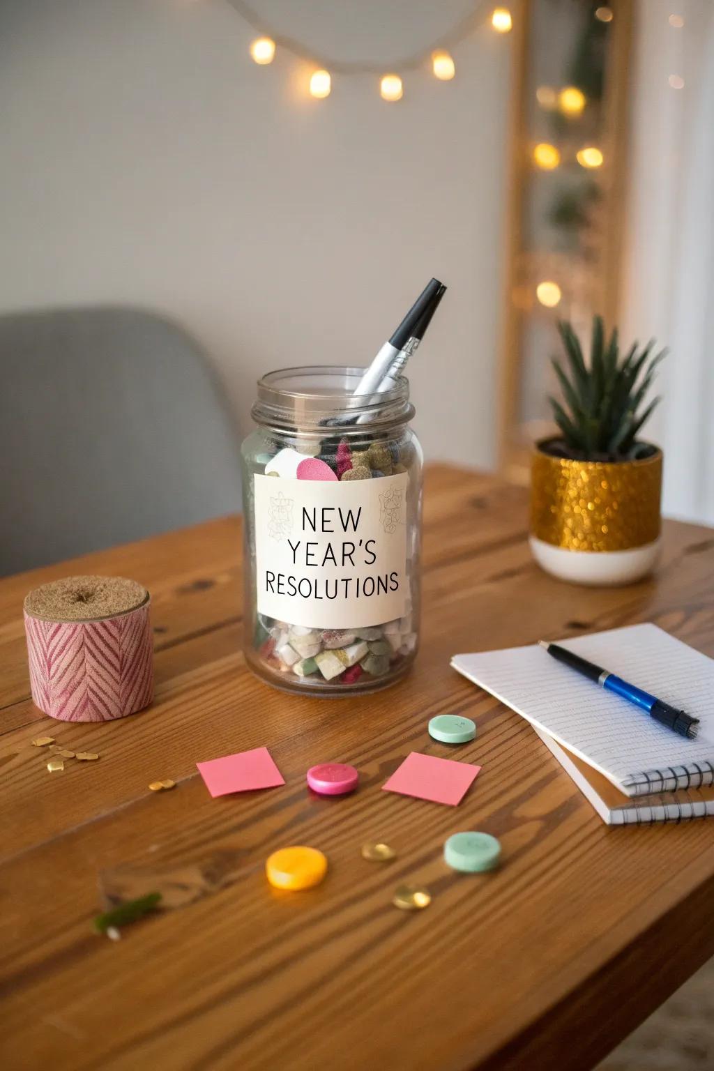 A New Year's resolution jar filled with guests' aspirations.