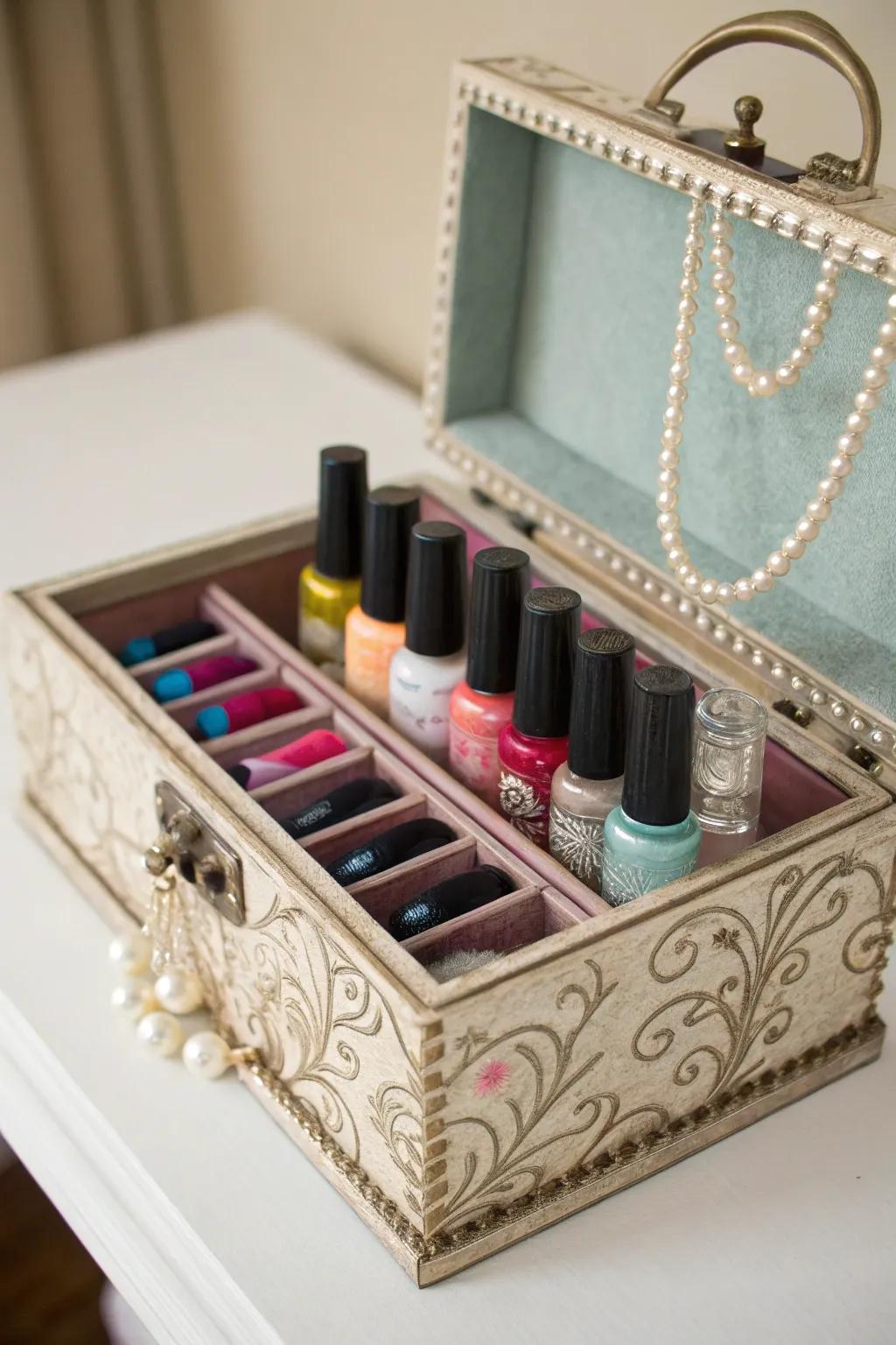 A repurposed jewelry box offers a vintage and charming storage solution.