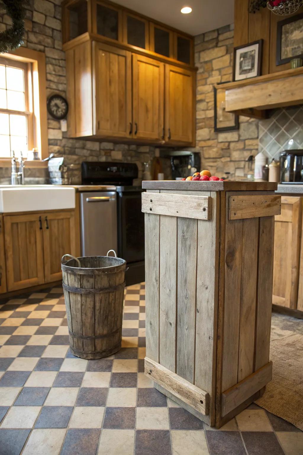 A reclaimed wood trash can adding warmth and charm to the kitchen.