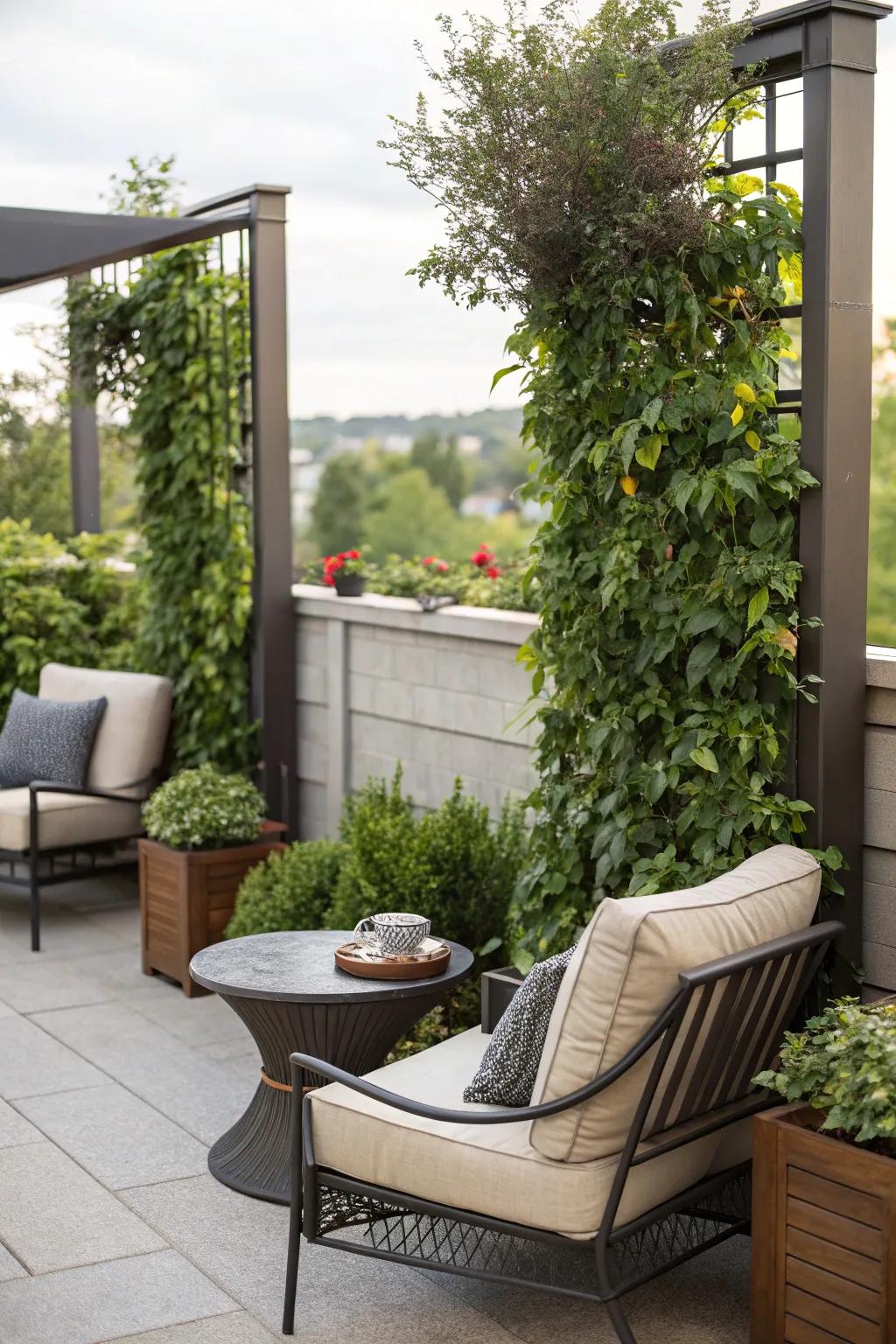 Privacy planters add flexible green barriers for patios.