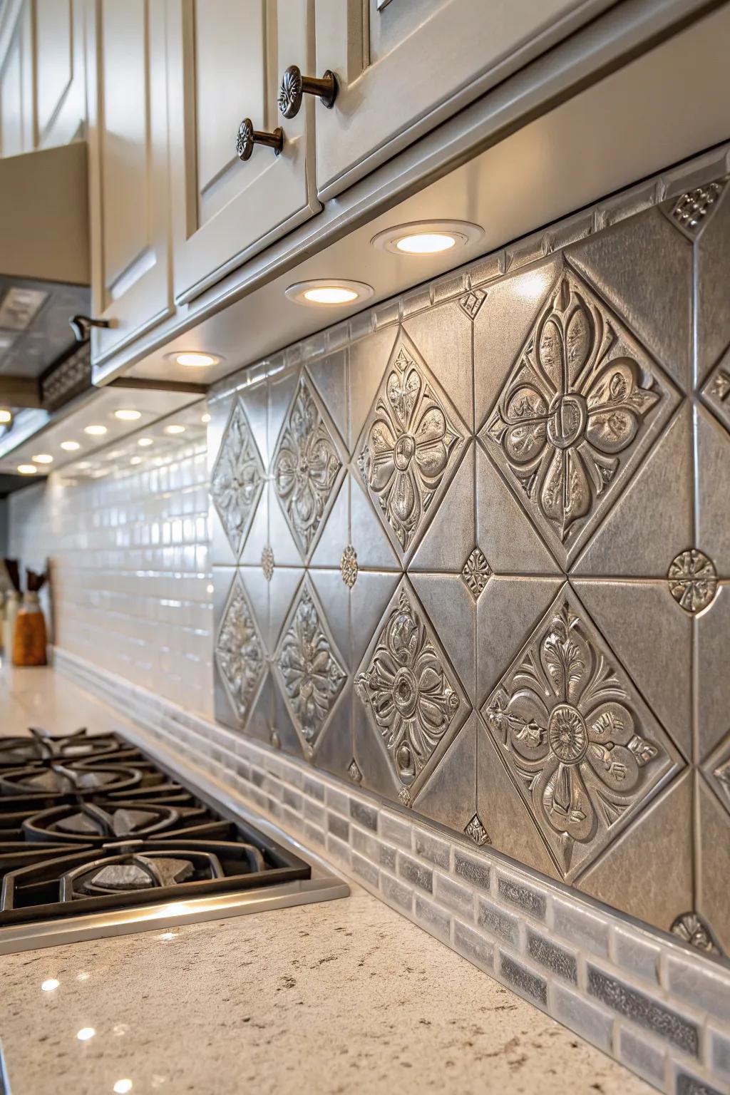 Decorative pewter tiles add artistic flair to home interiors.